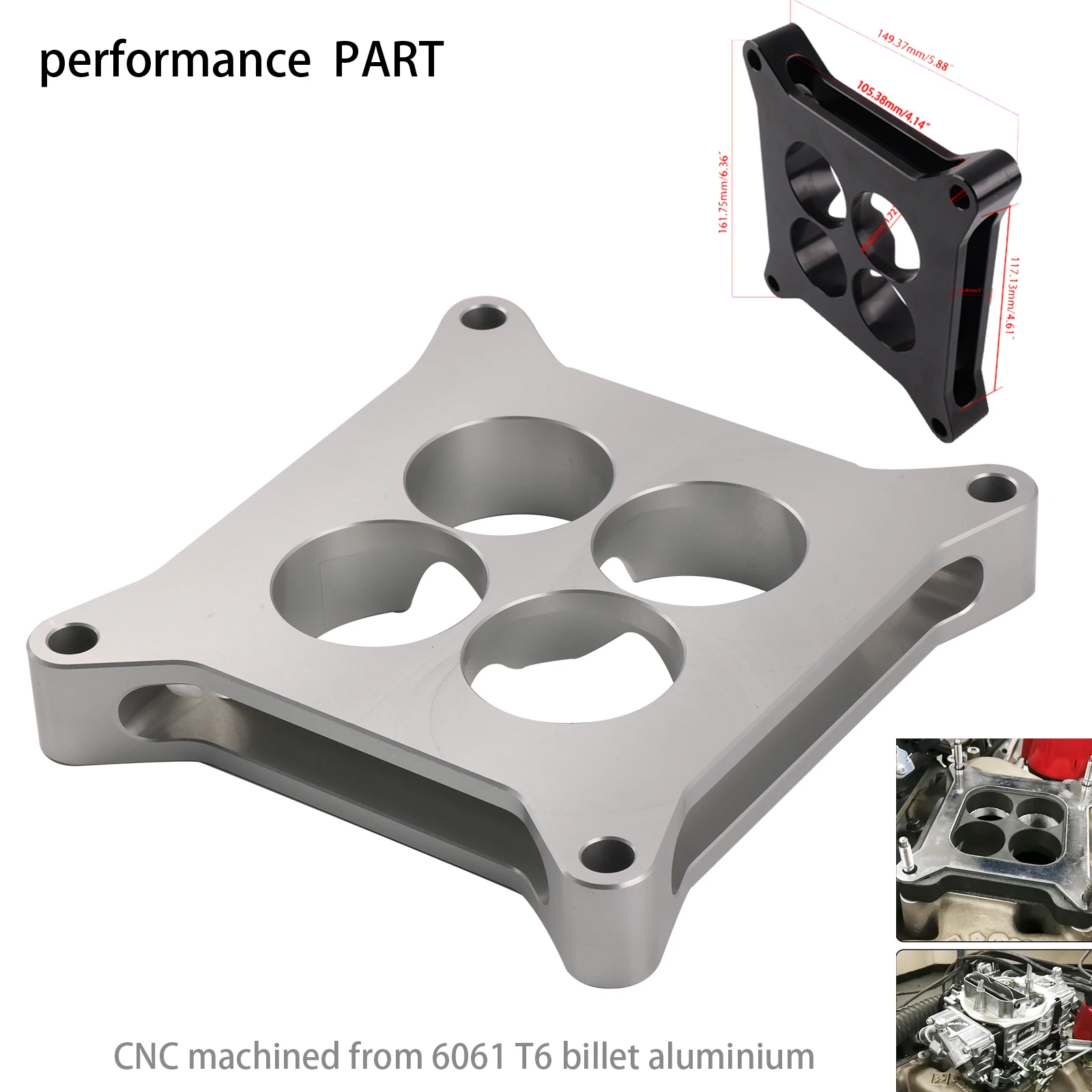 Espaciador de carburador aluminio para SBC 4150 – cuadrado 4 puertos