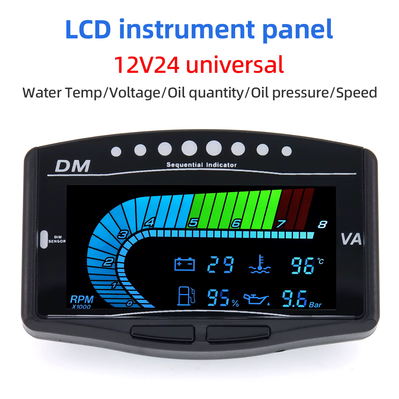 Vista frontal del medidor digital LCD universal 5 en 1 para coche