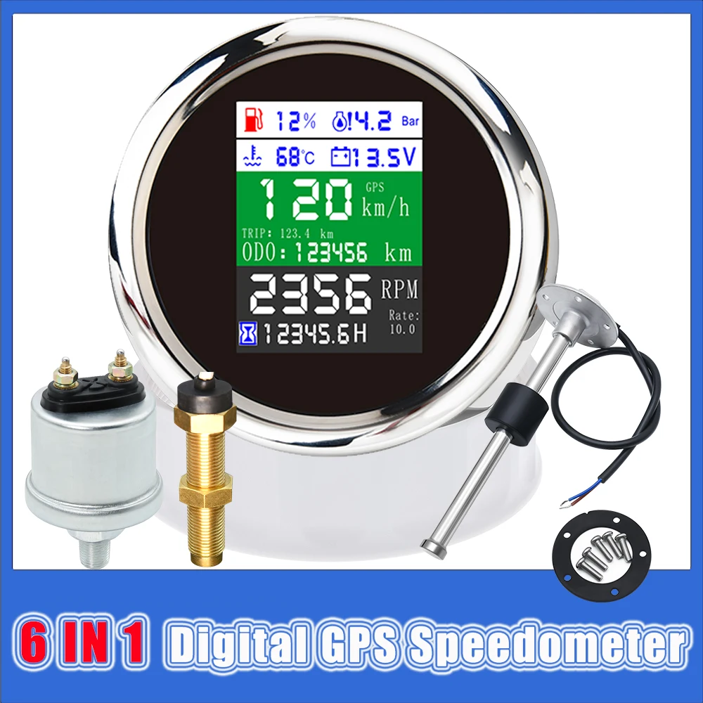 Velocímetro GPS 6 en 1 LCD – Medidor Combustible, Aceite y Temperatura
