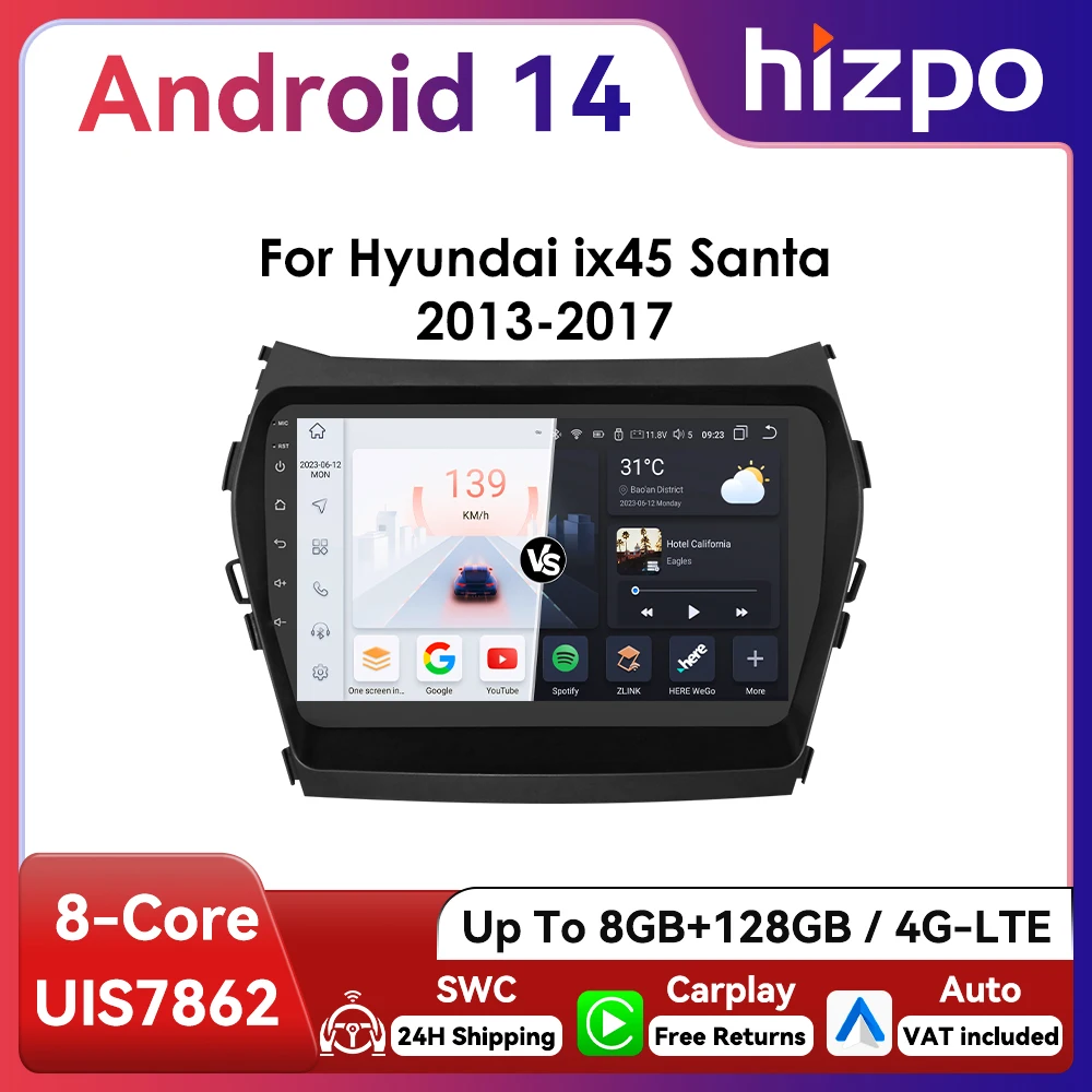 Hizpo Autorradio 2DIN CarPlay para Hyundai Santa Fe 3 (ix45) 2013-2017