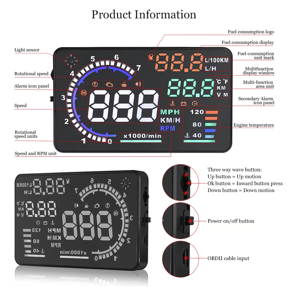 A8 HUD OBD2, velocímetro digital con RPM para parabrisas - imagen 4