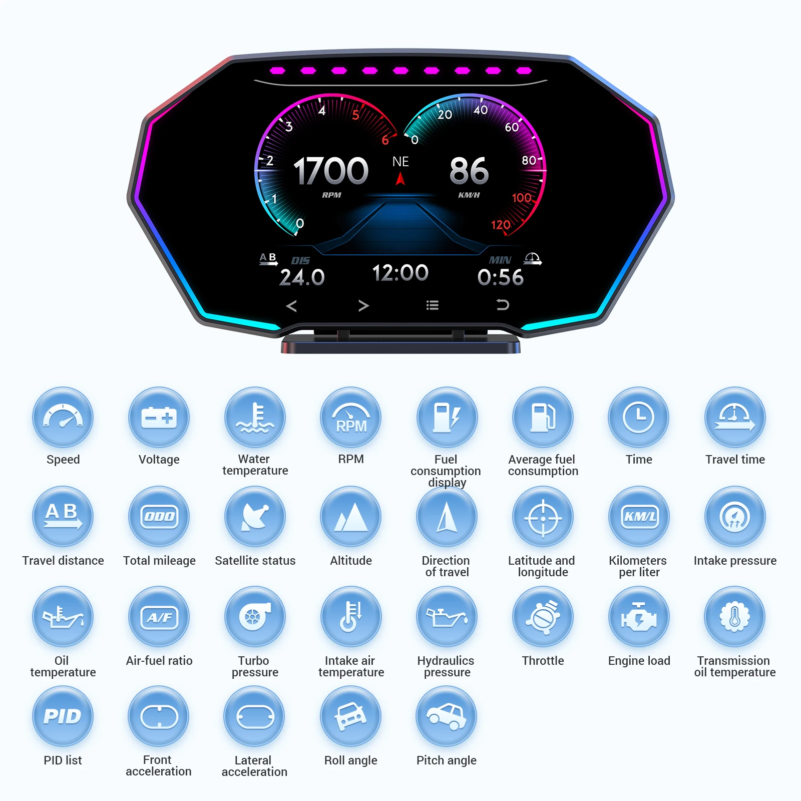 Pantalla HUD para coche OBD + GPS con RPM, velocidad y temperatura - imagen 5