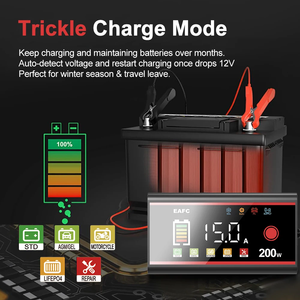 EAFC-cargador de batería inteligente para coche, 12V, 15A, 8A, 200W/100W, pantalla LED grande, uso de pulso de batería para calcio, GEL, AGM, húmedo, EFB, LIFEPO4 - imagen 5