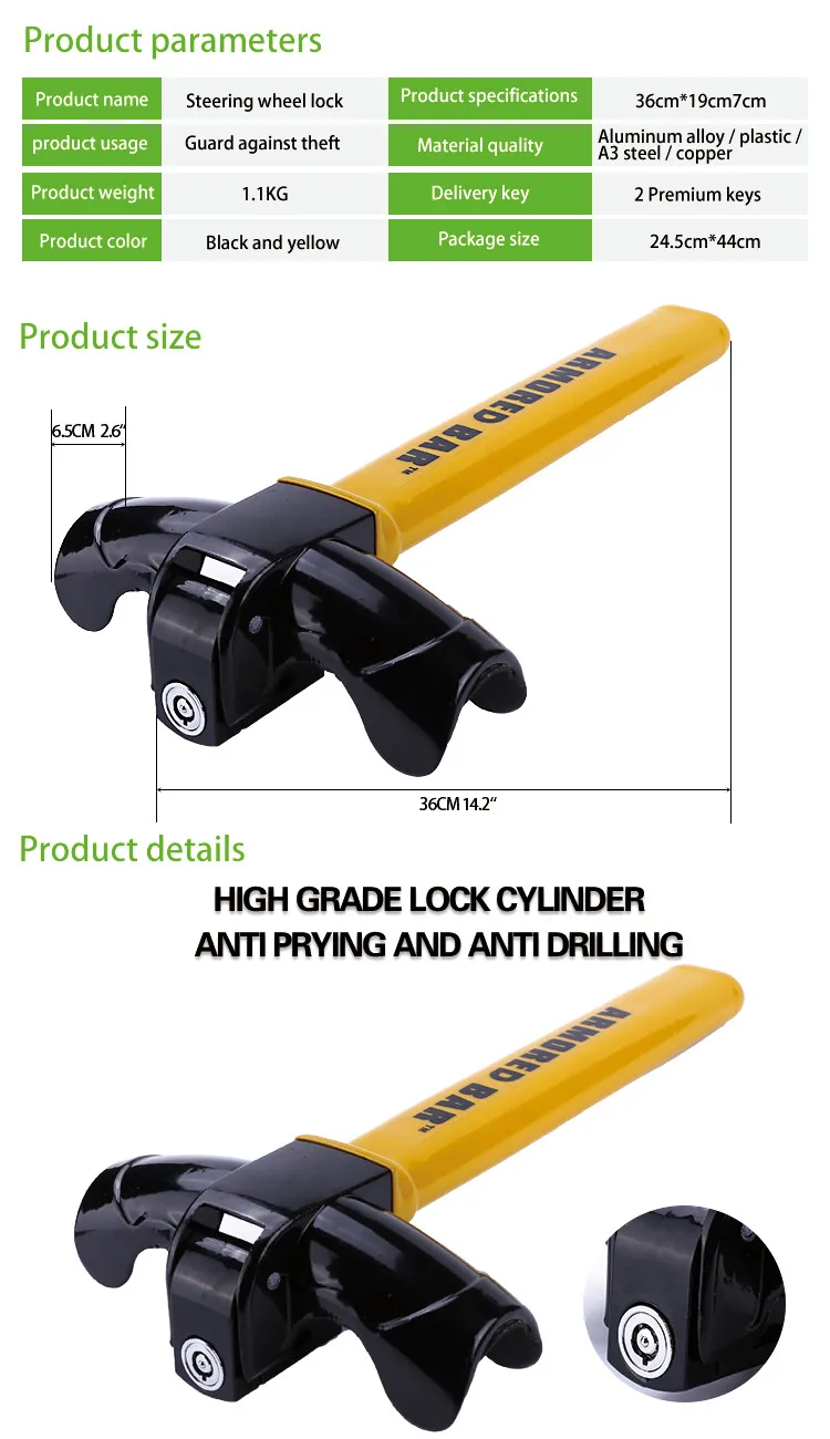 Cerradura para volante de coche compacta y robusta