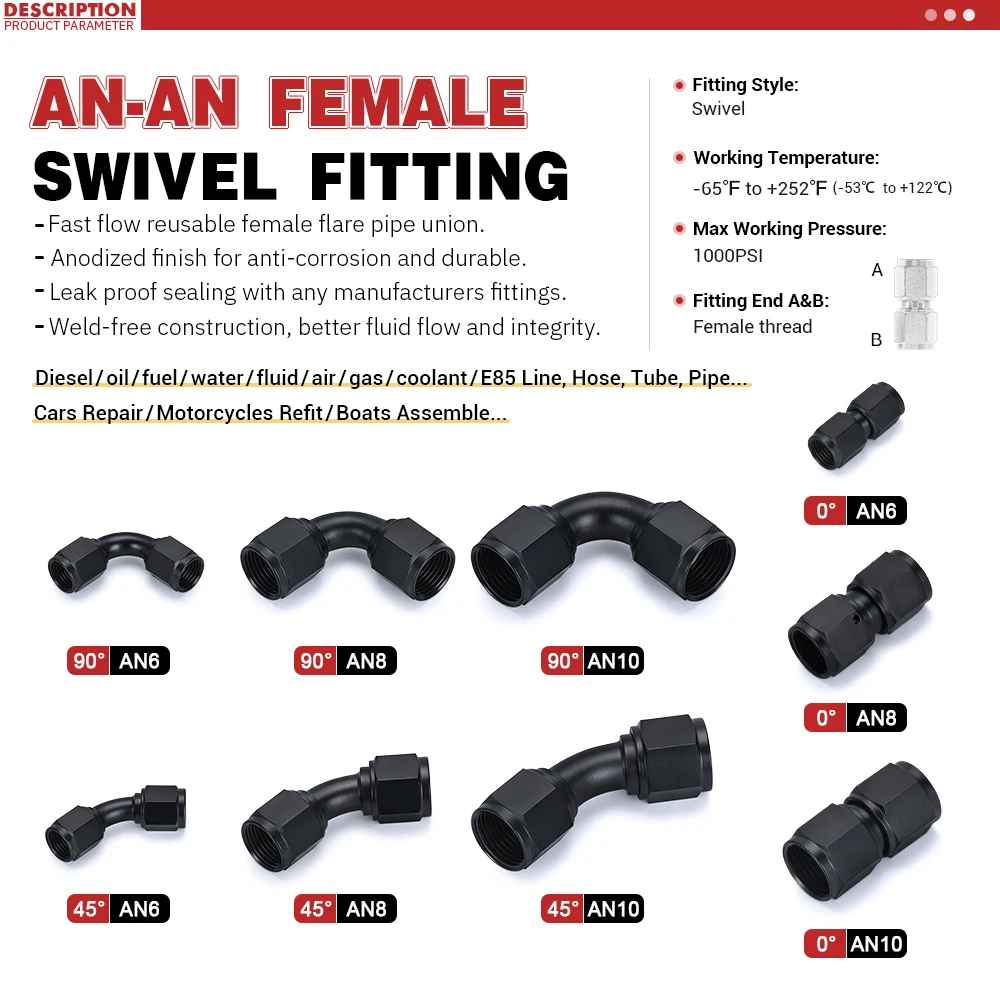 Universal 0 45 90 grados AN6 AN8 AN10 hembra a AN6 AN8 AN10 manguera hidráulica hembra codo enfriador de aceite accesorios de manguera - imagen 2