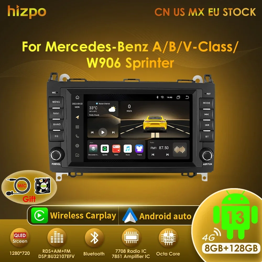Hizpo 8 "pantalla Multimedia Android para Mercedes Benz B200 Sprinter W906 W639 AB clase W169 W245 Viano Vito coche Auto Radio 8 + 128G