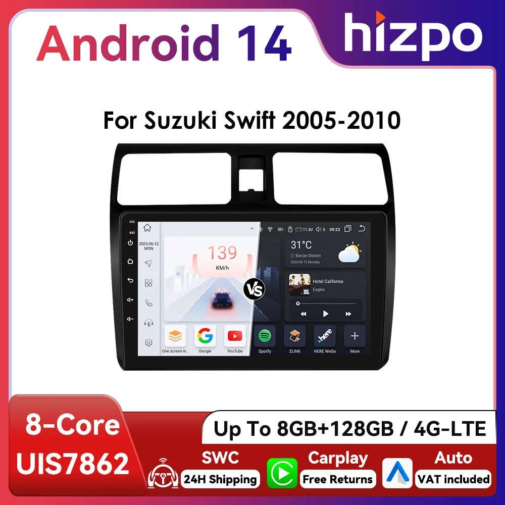Radio 2 DIN Hizpo CarPlay/Android Auto para Suzuki Swift 2005-2010