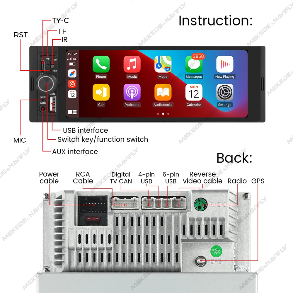 MEKEDE Radio 1DIN para coche con CarPlay Android Auto BT USB 6,86 - imagen 5