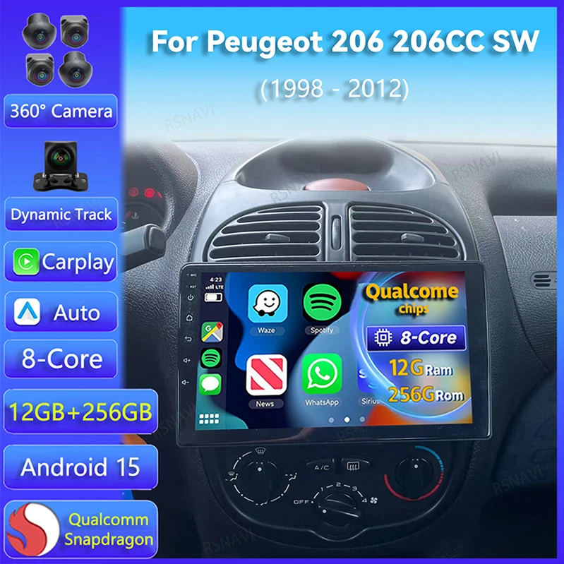 Radio multimedia Android 15 con CarPlay y GPS – Peugeot 206 CC/SW