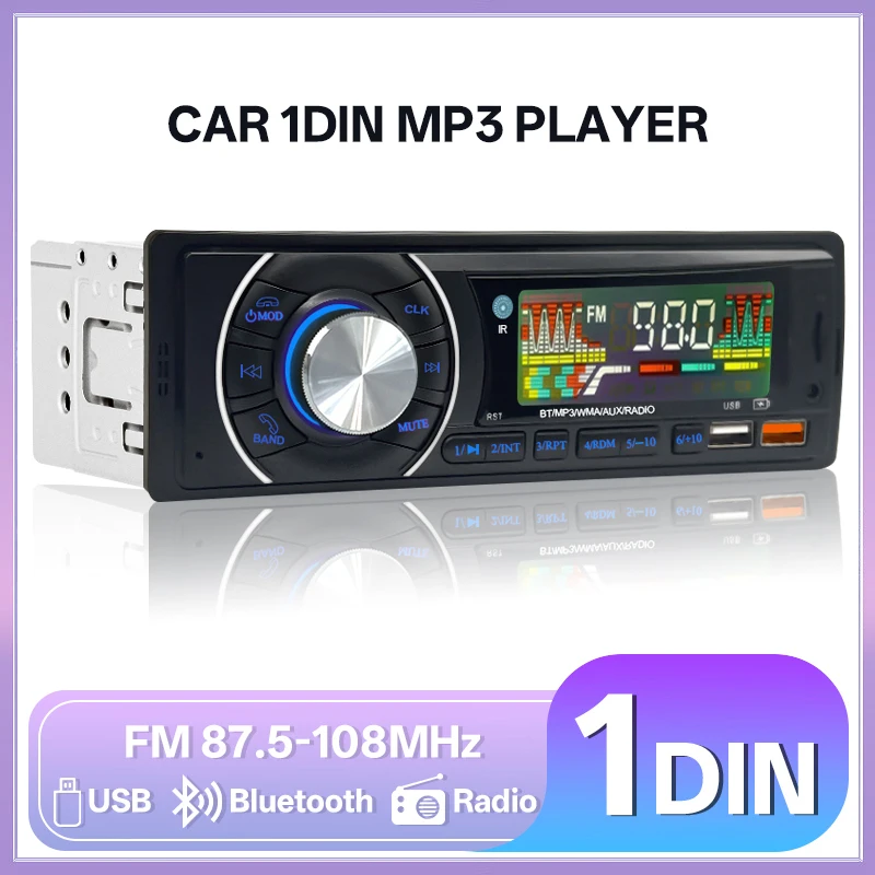 Hippcron Radio de coche 1din Audio Bluetooth reproductor de MP3 estéreo receptor FM 12V soporte de carga de teléfono AUX/USB/tarjeta TF en Kit de tablero