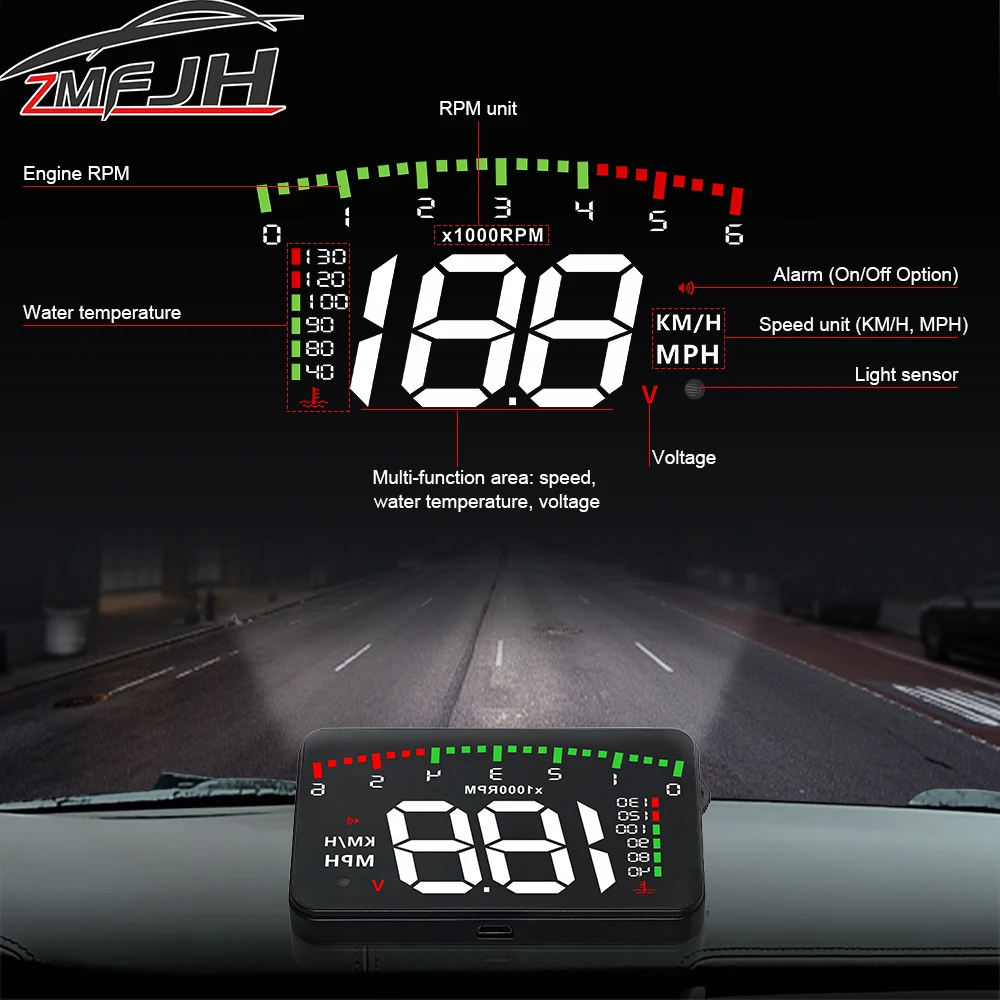 Pantalla HUD OBD2 digital para parabrisas – velocímetro y RPM