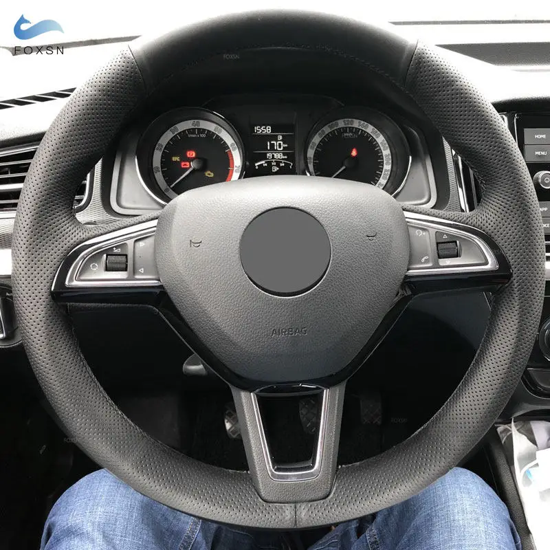 Funda de volante de cuero perforado negro para Skoda Octavia y Superb