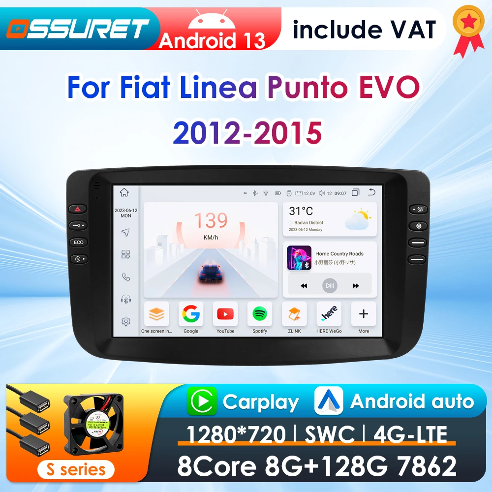 Autoradio 2DIN Android 13 Fiat Linea Punto Evo 2012-2015 GPS Carplay