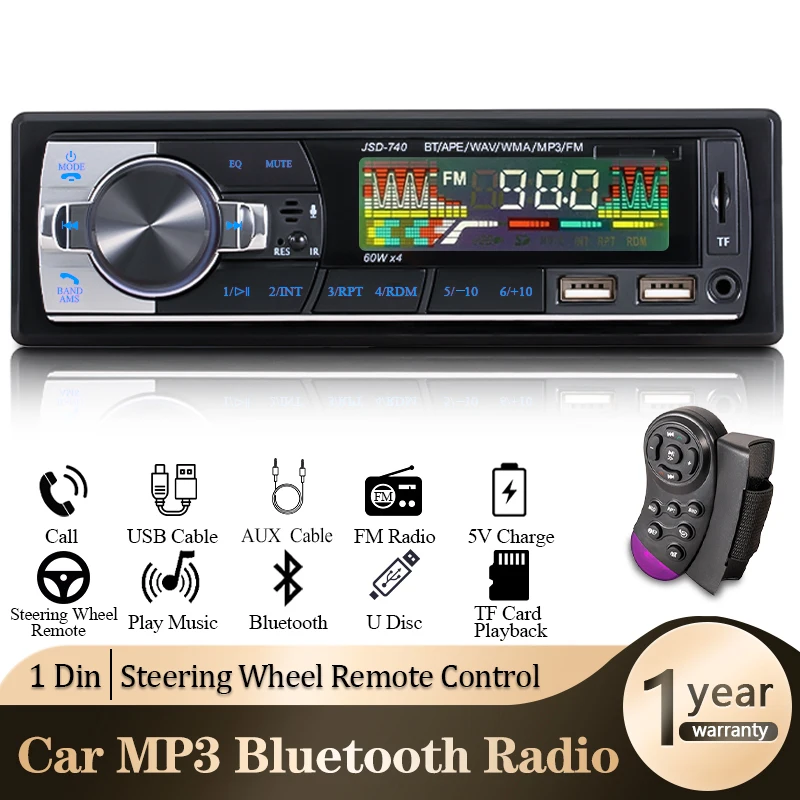 SINOVCLE Radio de coche 1din Audio Bluetooth reproductor de MP3 estéreo receptor FM 60Wx4 con Control remoto AUX/USB/tarjeta TF en Kit de tablero