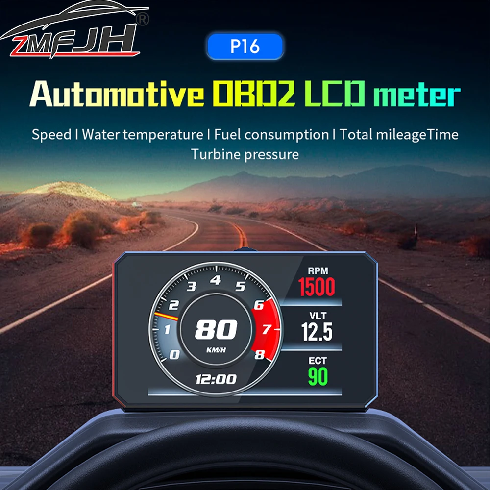 Pantalla frontal P16 para coche OBD2, medidor de velocidad para coche HUD, tacómetro Digital inteligente OBD, medidor de voltaje de temperatura del agua, ordenador a bordo
