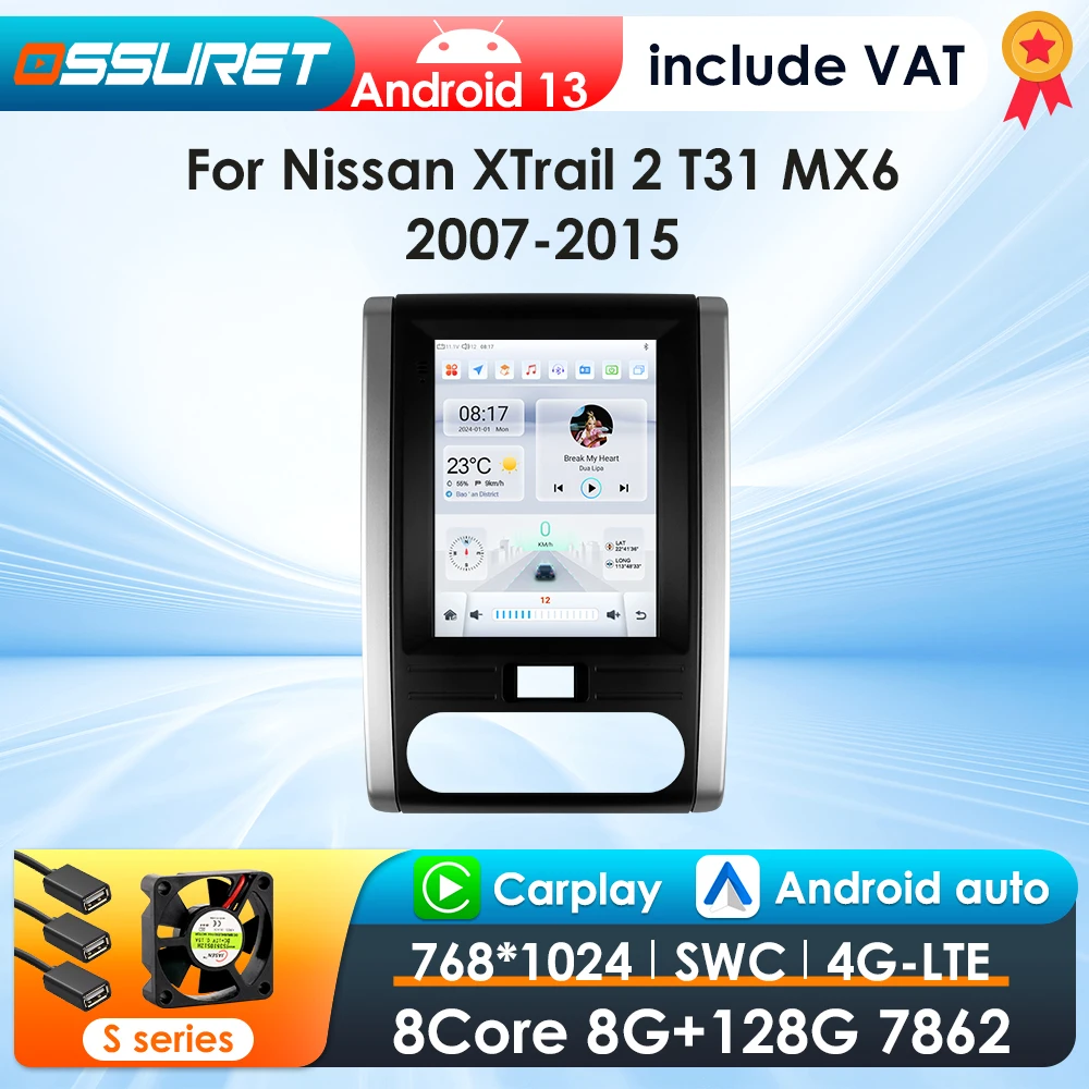 OSSURET-REPRODUCTOR Multimedia con pantalla Vertical para coche, autorradio estéreo 2Din con Android 13, 9,7 pulgadas, Carplay, para Nissan x-trail X Trail 2 T31 MX6 2007-2015