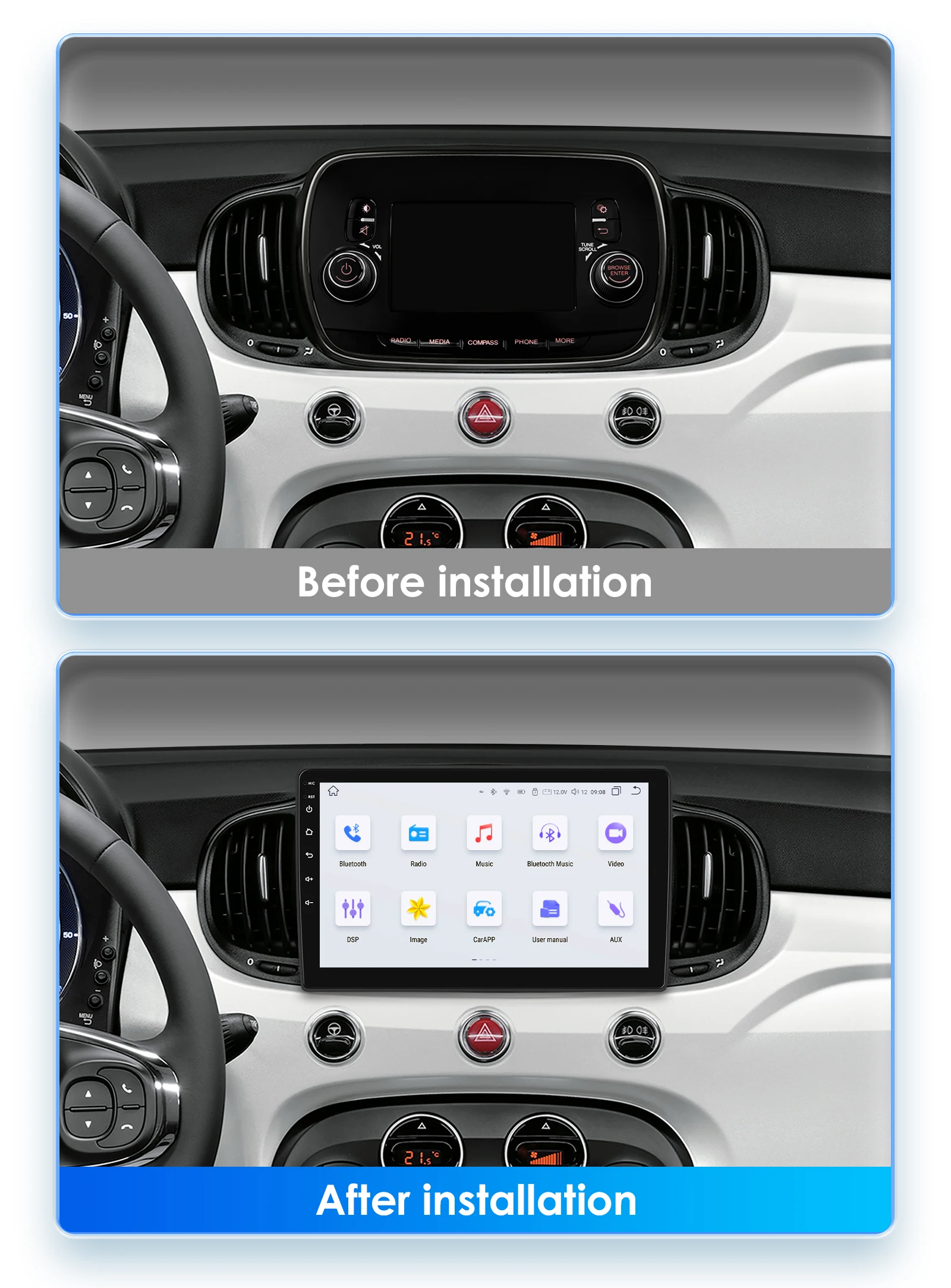 Radio 2DIN Android 13 con CarPlay, GPS y cámara 360 – Fiat 500 - imagen 2