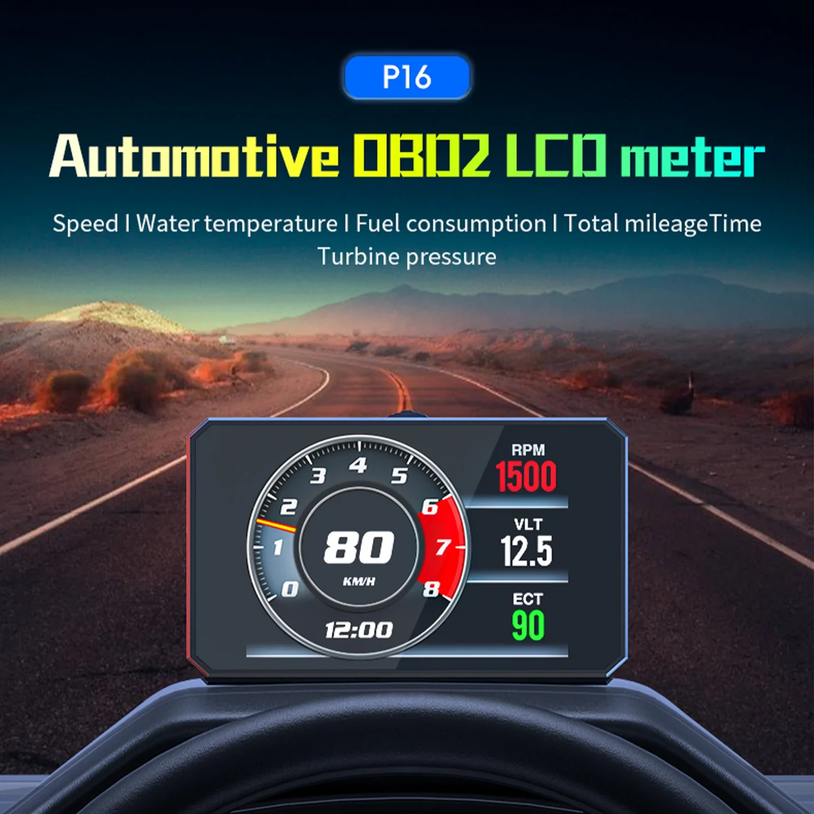 Pantalla HUD OBD2 P16: RPM, temperatura agua y velocidad km/h - imagen 2