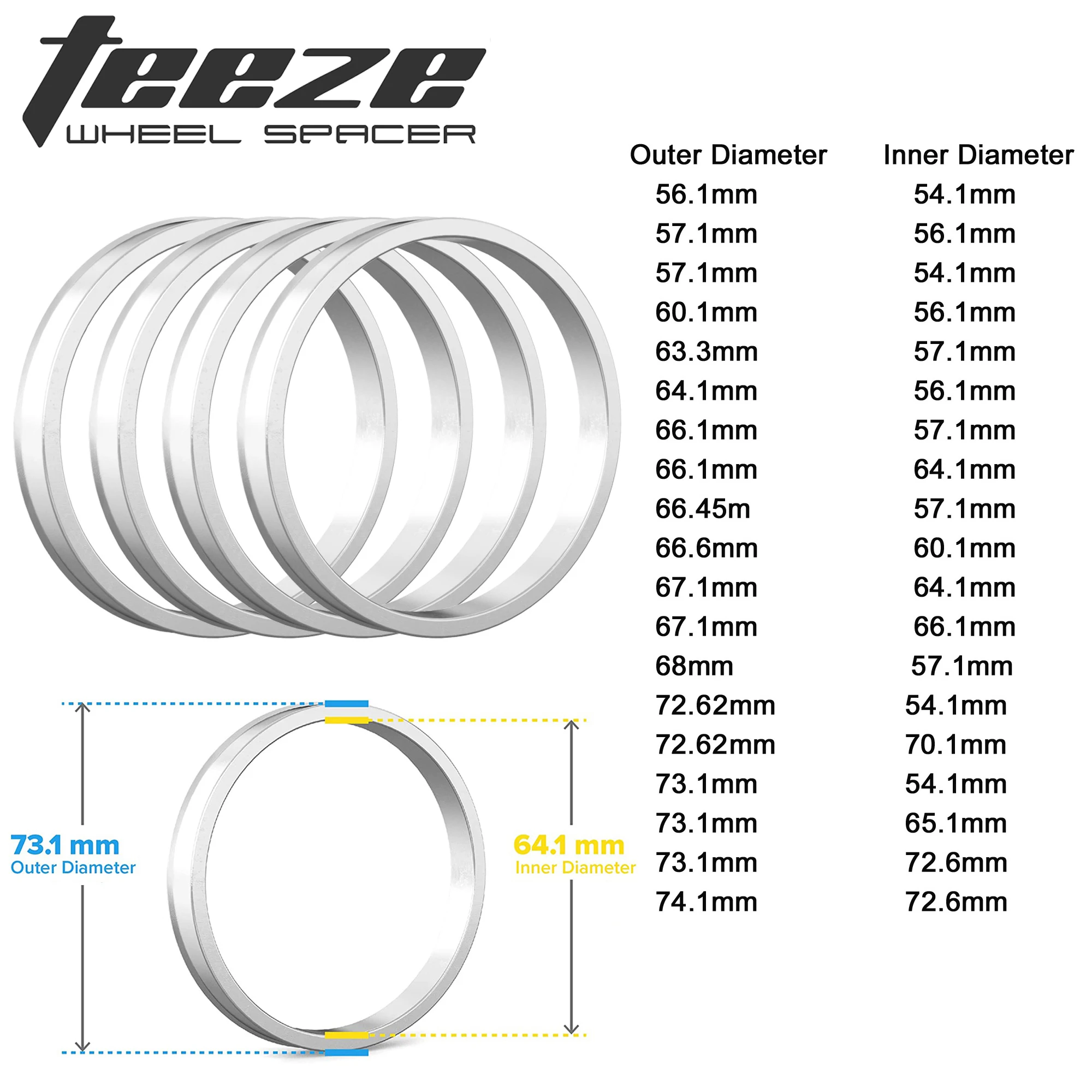 Anillos Centradores Rueda TEEZE Kit 4 Piezas Aluminio – Universal 54-64mm