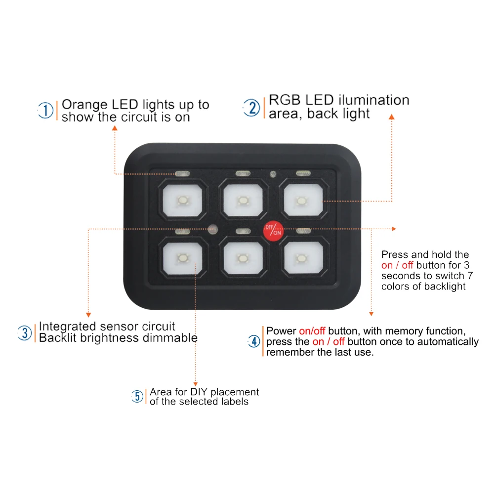 Panel interruptores LED táctil 6 zonas 12V 1200W Jeep UTV - imagen 3