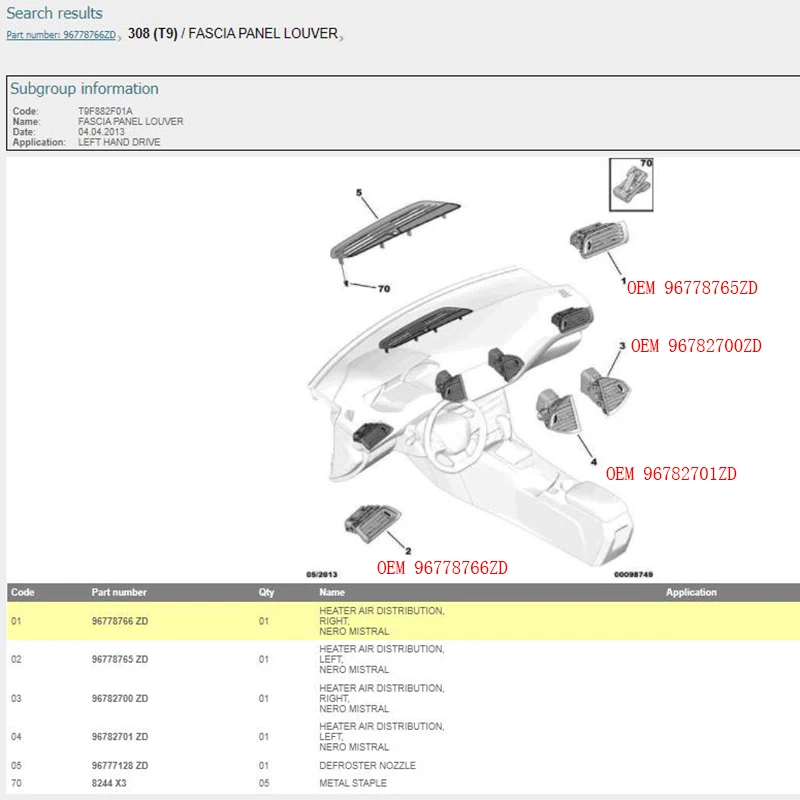 Distribución de aire del calentador para Peugeot 308