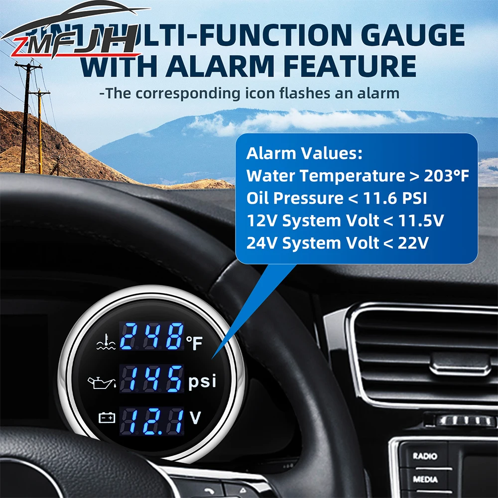 Multimedidor Digital 52mm 3 en 1: Temperatura Agua, Presión Aceite y Voltios - Coche