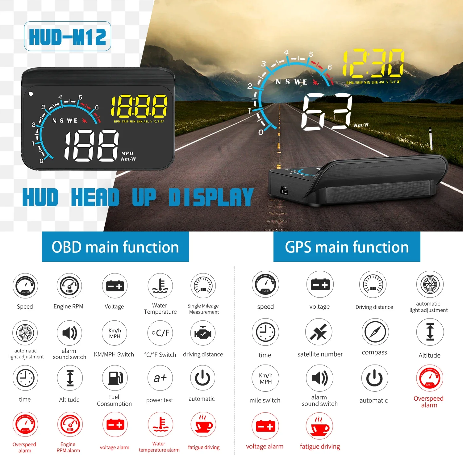 Pantalla HUD M12 para coche con GPS y datos OBD2 - imagen 5