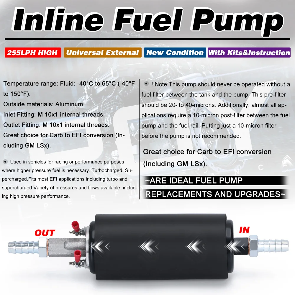FREE SHIPPING - New Universal High Flow & Pressure External Inline 255LPH Fuel Pump GSL392 JR-FPB005 - imagen 2
