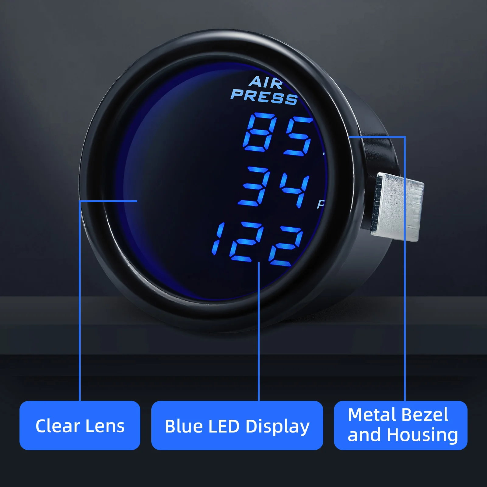 Manómetro de presión de aire para coche de 52mm, medidores de refuerzo LED azules, tres pantallas digitales, suspensión neumática de 220PSI con 3 sensores 1/8NPT - imagen 2