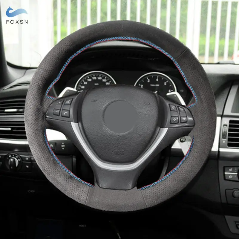 Funda de volante BMW X5 E70/X6 E71 de gamuza roja y azul
