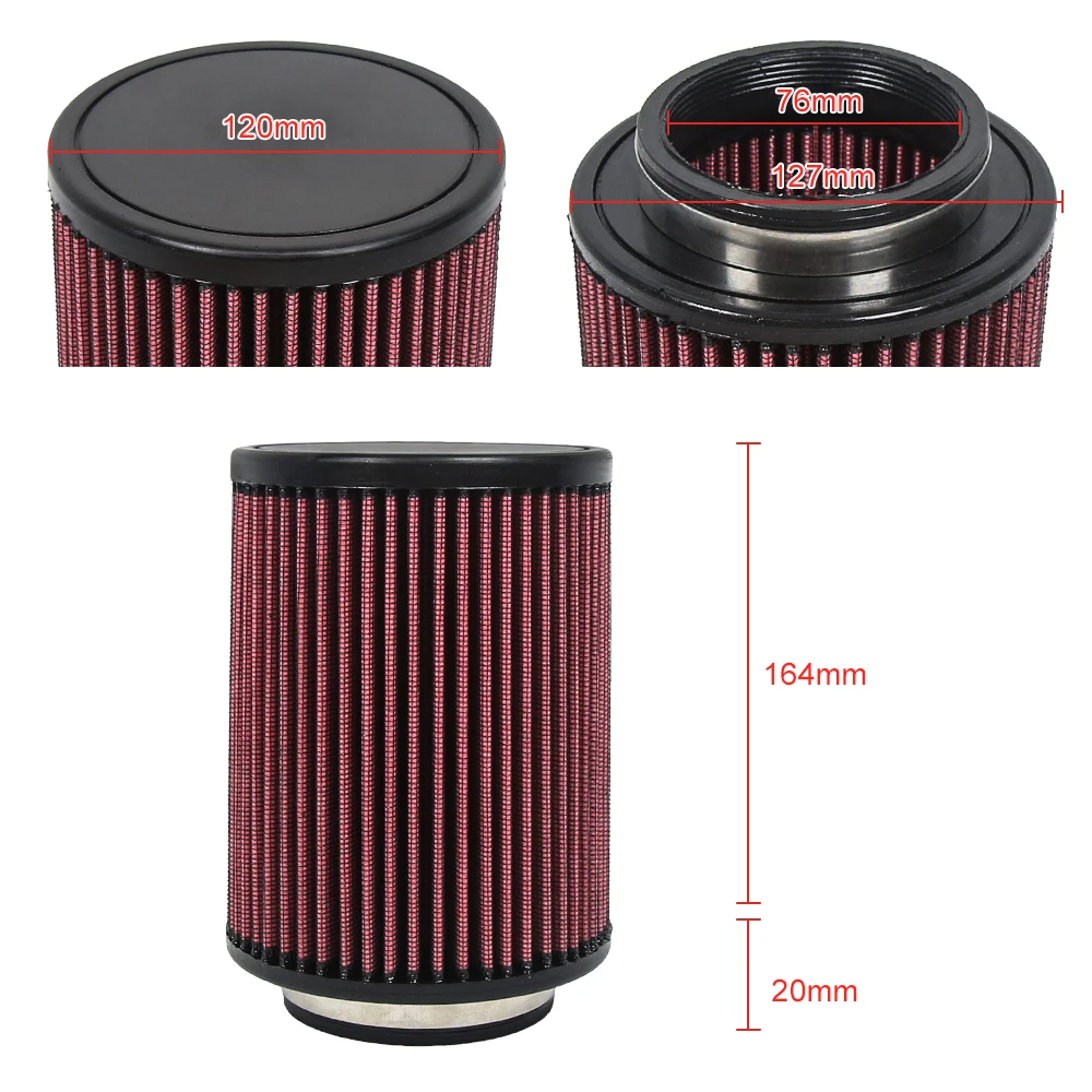 3" 76 mm Entrada Cono de entrada de aire frío Rendimiento de reemplazo Filtro de aire seco de alto flujo lavable Rojo, Altura del filtro: 6,5 pulgadas - imagen 5