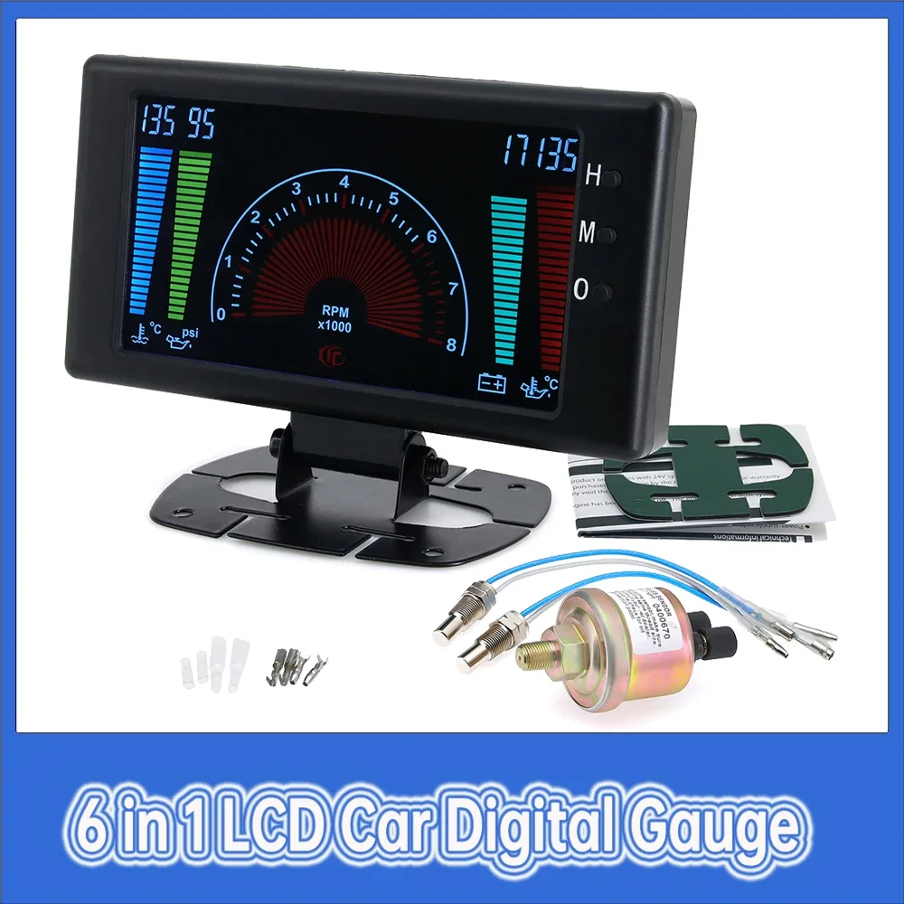 Medidor digital 6 en 1 LCD para coche con tacómetro y sensores
