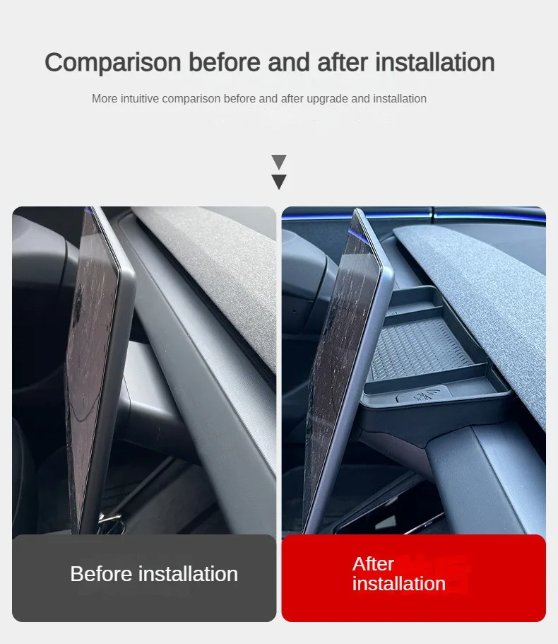 Detalle del organizador de silicona tras pantalla Tesla Model 3