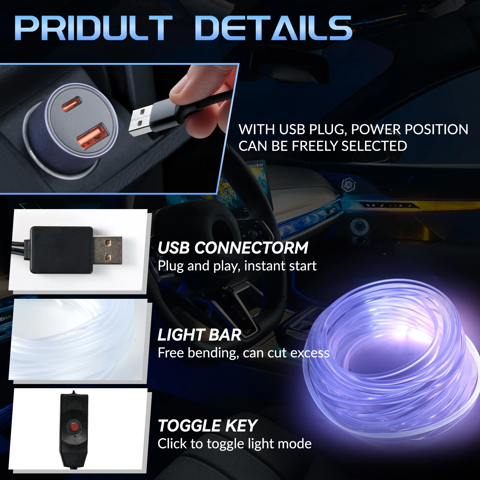 Luz ambiental de fibra óptica USB de 5M, RGB, controlado por voz, decorativa, Interior del coche, consola central, Panel de instrumentos, lámpara de neón ambiental - imagen 3