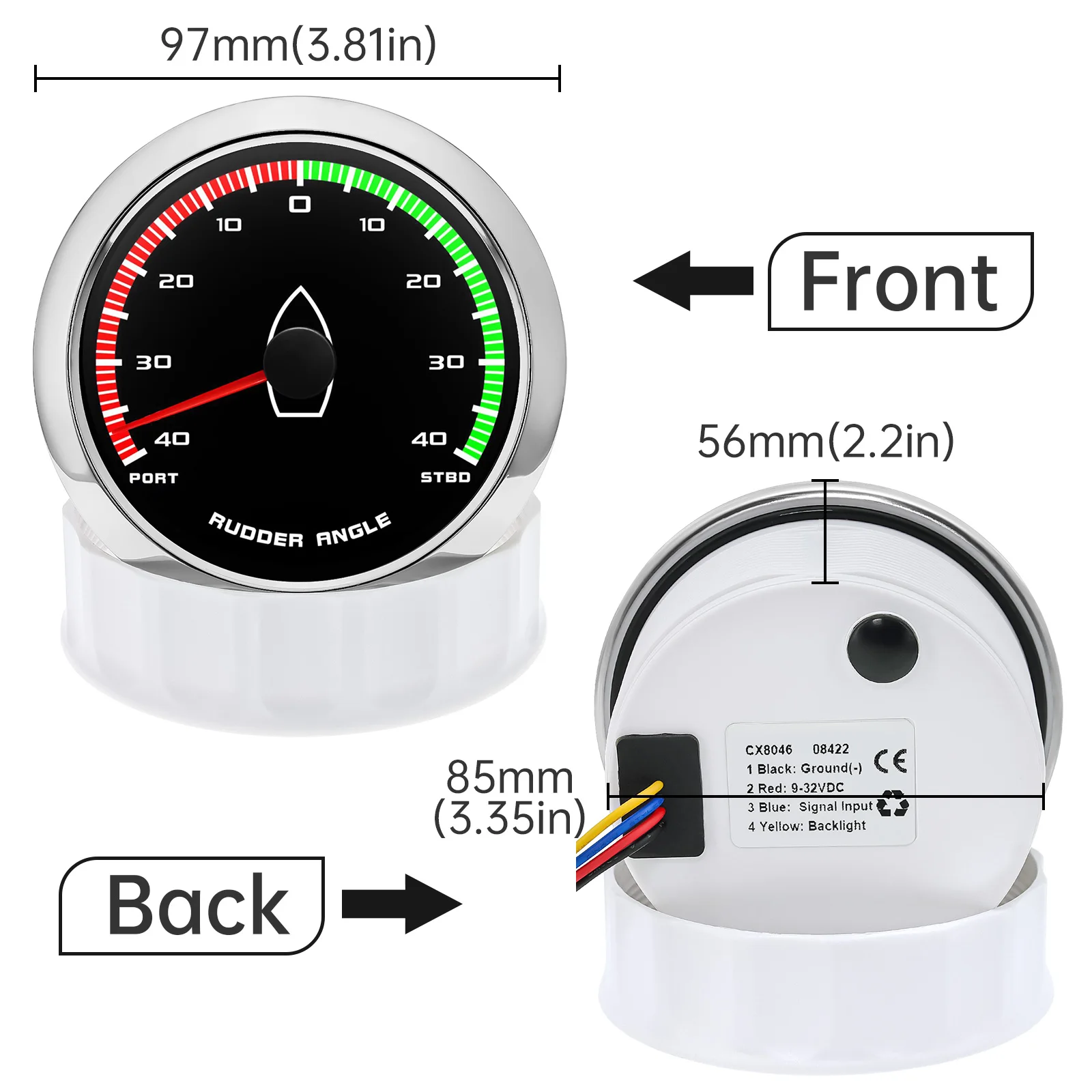 Indicador de ángulo de timón para barco 85 mm IP67 0-190 Ω - imagen 2