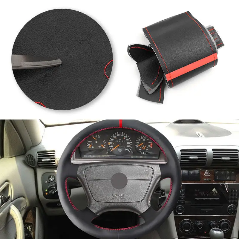 Funda de volante negra y roja para Mercedes W202, C140 y W210