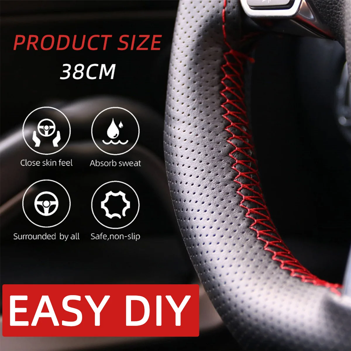 Funda volante cuero sintético DIY 37-38 cm coche - imagen 5