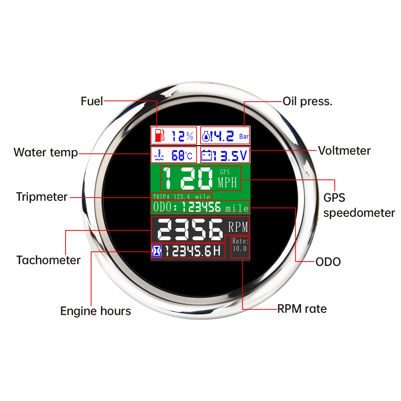 Velocímetro GPS 6 en 1 LCD – Medidor Combustible, Aceite y Temperatura - imagen 3