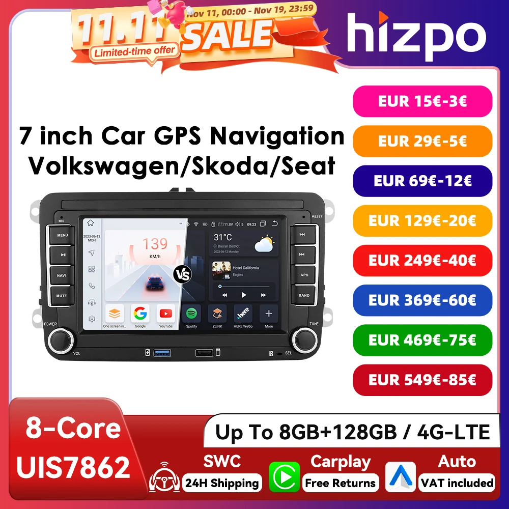 Radio Android Hizpo 2 DIN de 7 pulgadas con CarPlay y GPS para VW Golf