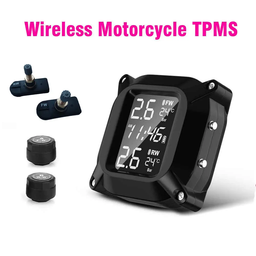 TPMS moto inalámbrico: sensor externo con pantalla LCD y alarma