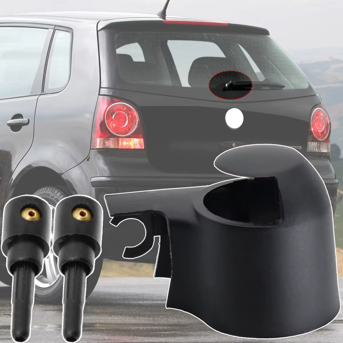 Kit limpiaparabrisas trasero VW Polo 9N/6R: perno, tapa y boquilla
