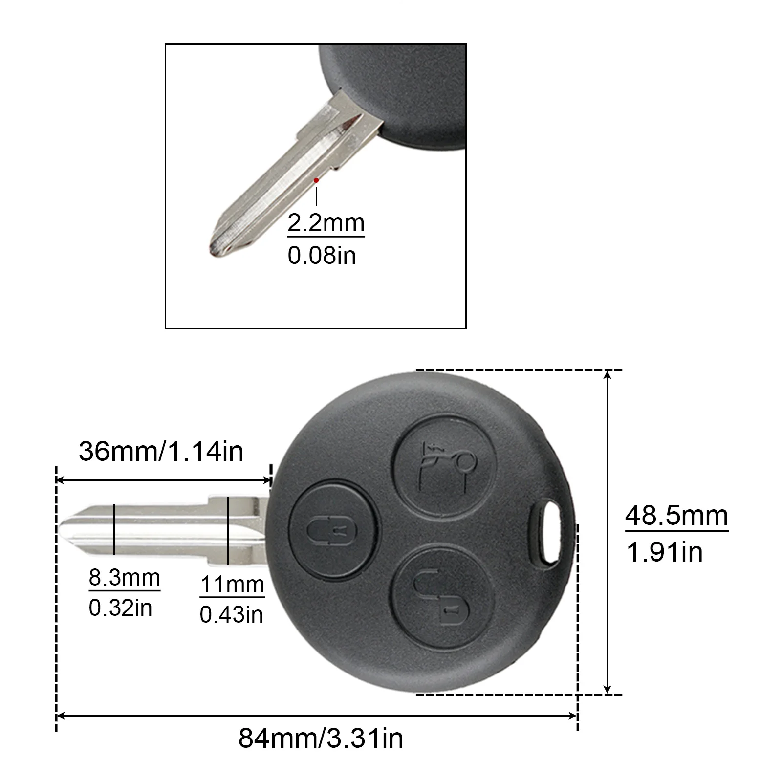 Carcasa llave remota 3 botones Fortwo Smart