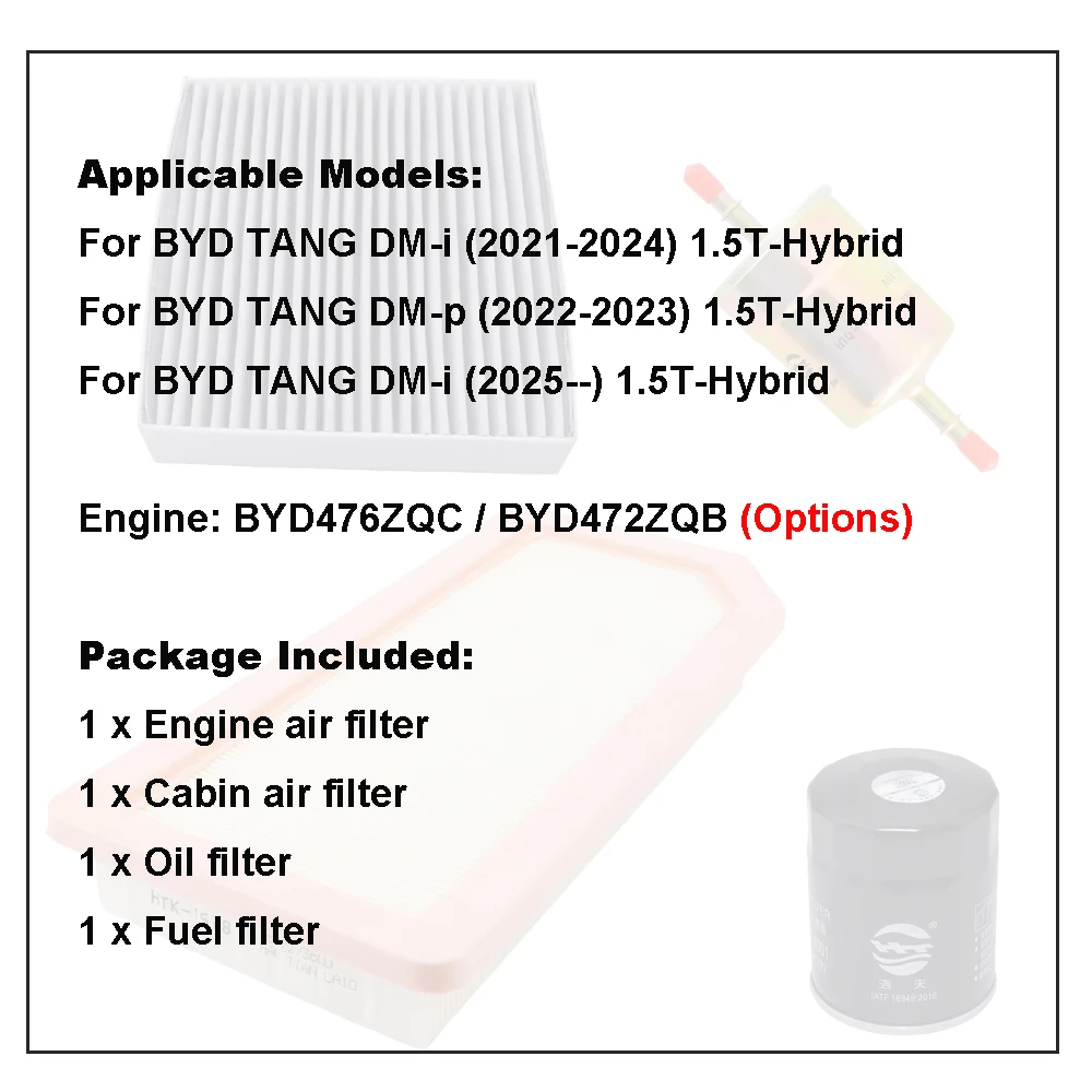 Kit filtros BYD Tang DM-i 1.5L híbrido: aceite combustible cabina aire - imagen 4