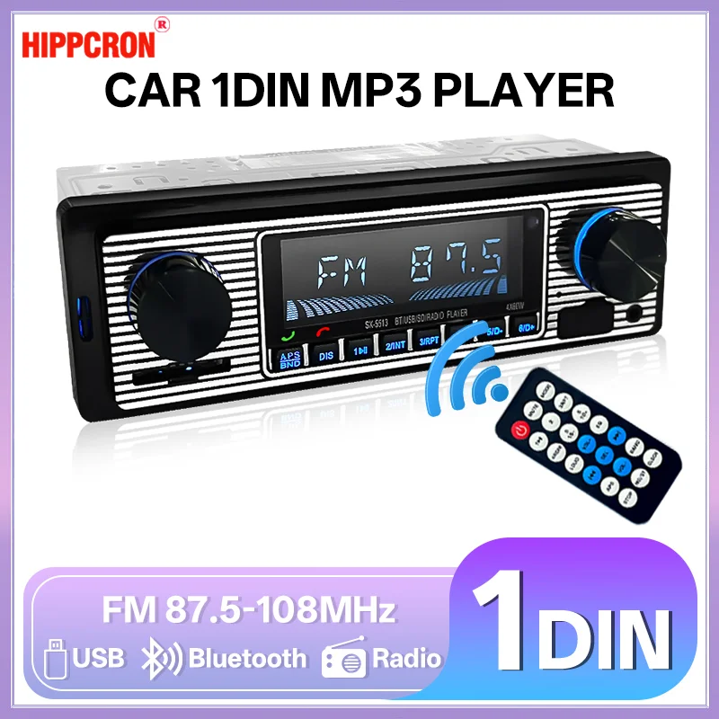 HIPPCRON 1 Din Radio de coche estéreo MP3 reproductor Multimedia Digital Bluetooth FM Audio música USB tarjeta SD con entrada auxiliar en el tablero 12V