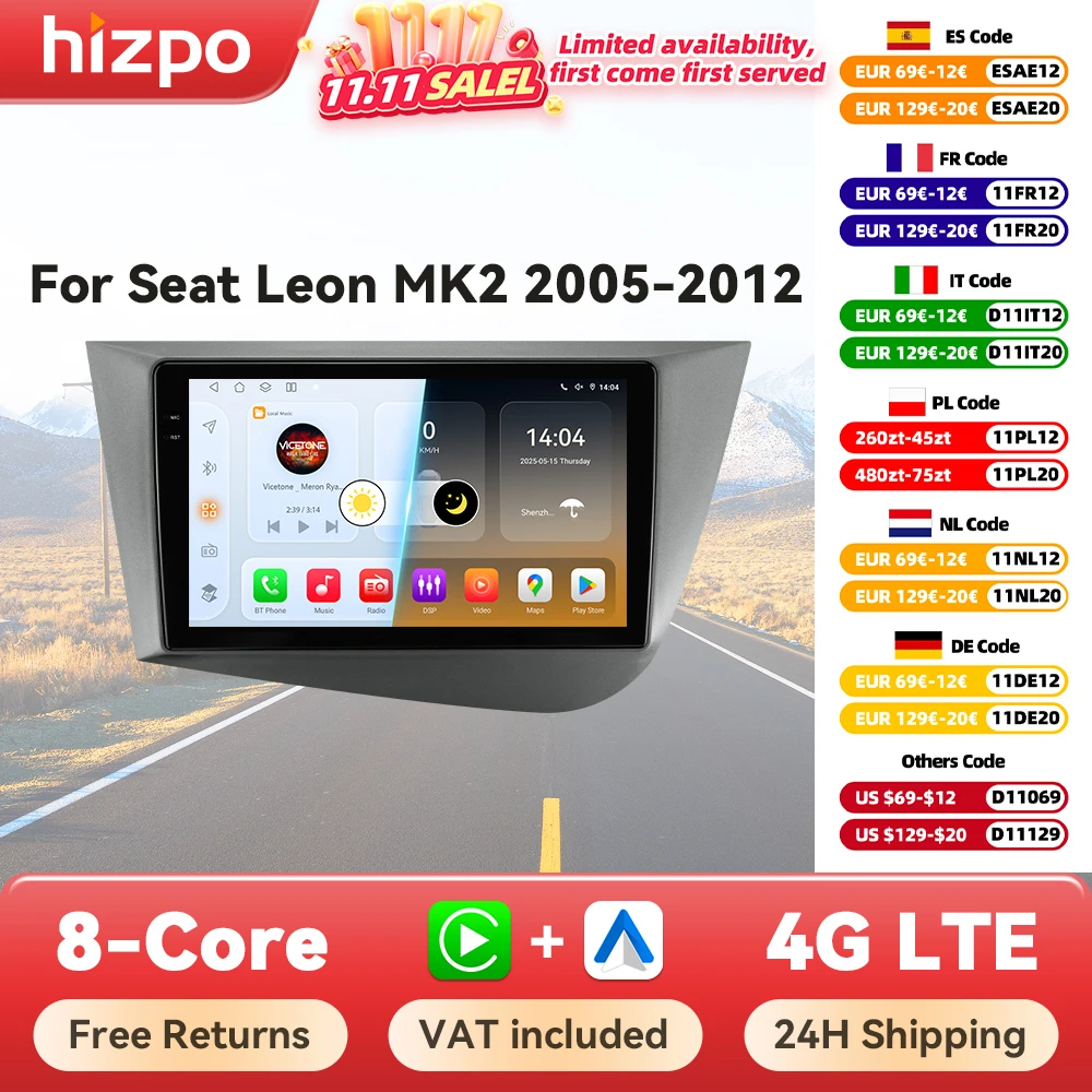 Hizpo Radio 2 DIN GPS para Seat León II con CarPlay y Android Auto