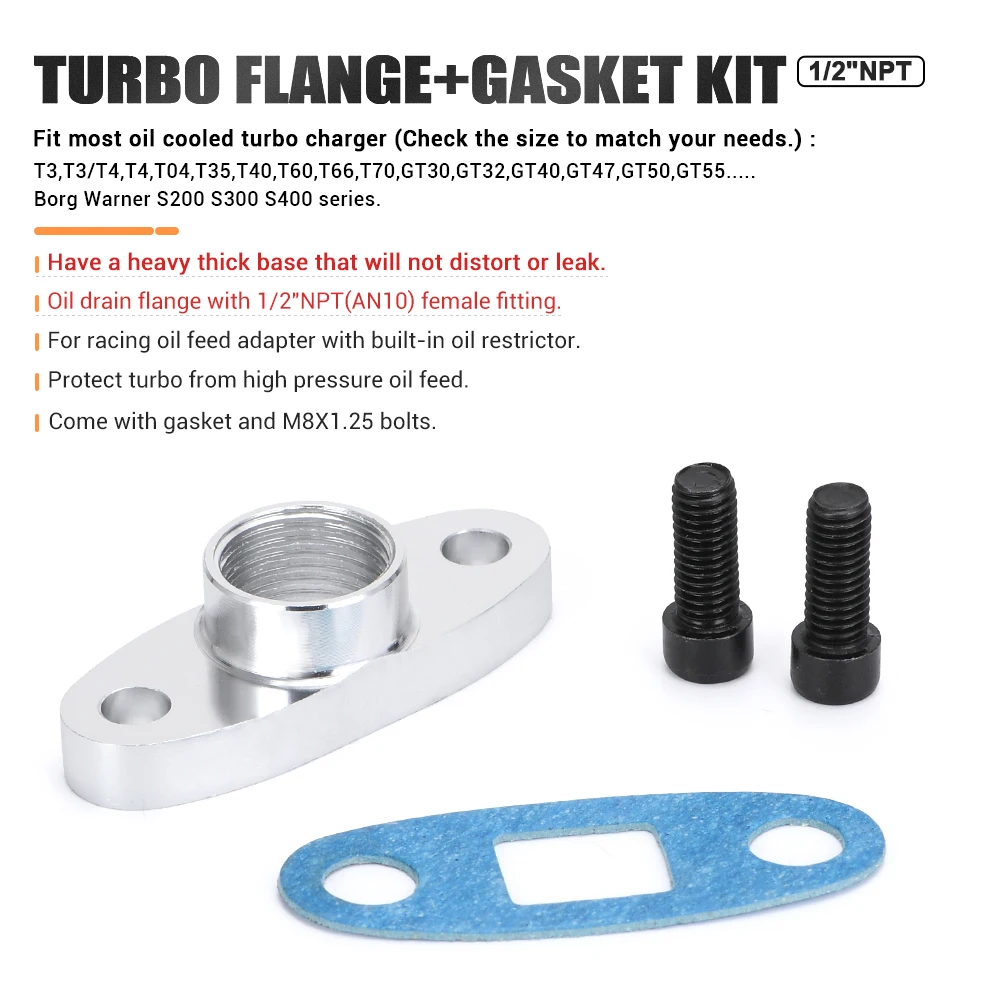 PQY Brida de retorno de aceite de aluminio para turbo T3/T4, 1/2 NPT - imagen 2