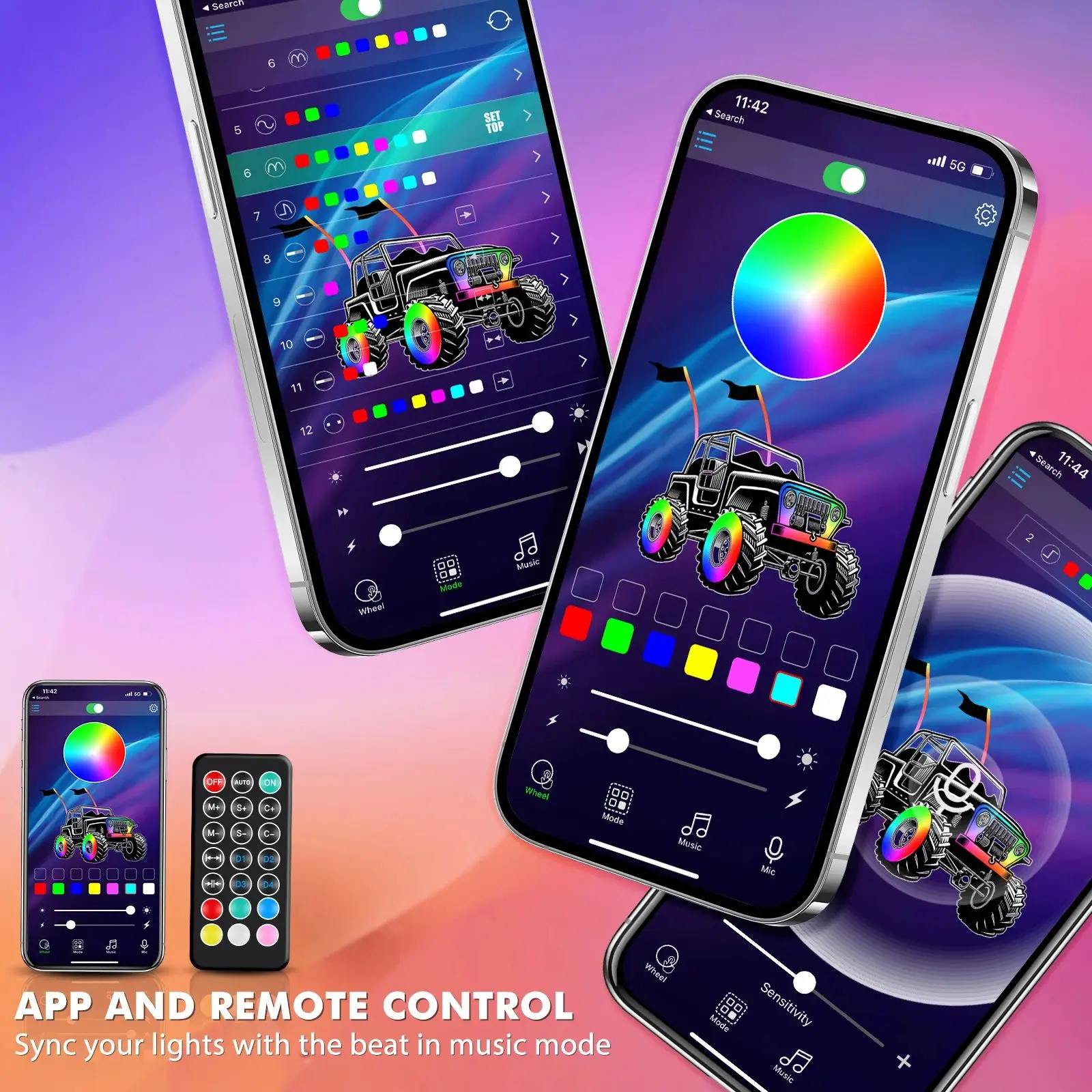 Luces de látigo LED BEVINSEE IP65 multicolor app – UTV todoterreno - imagen 3