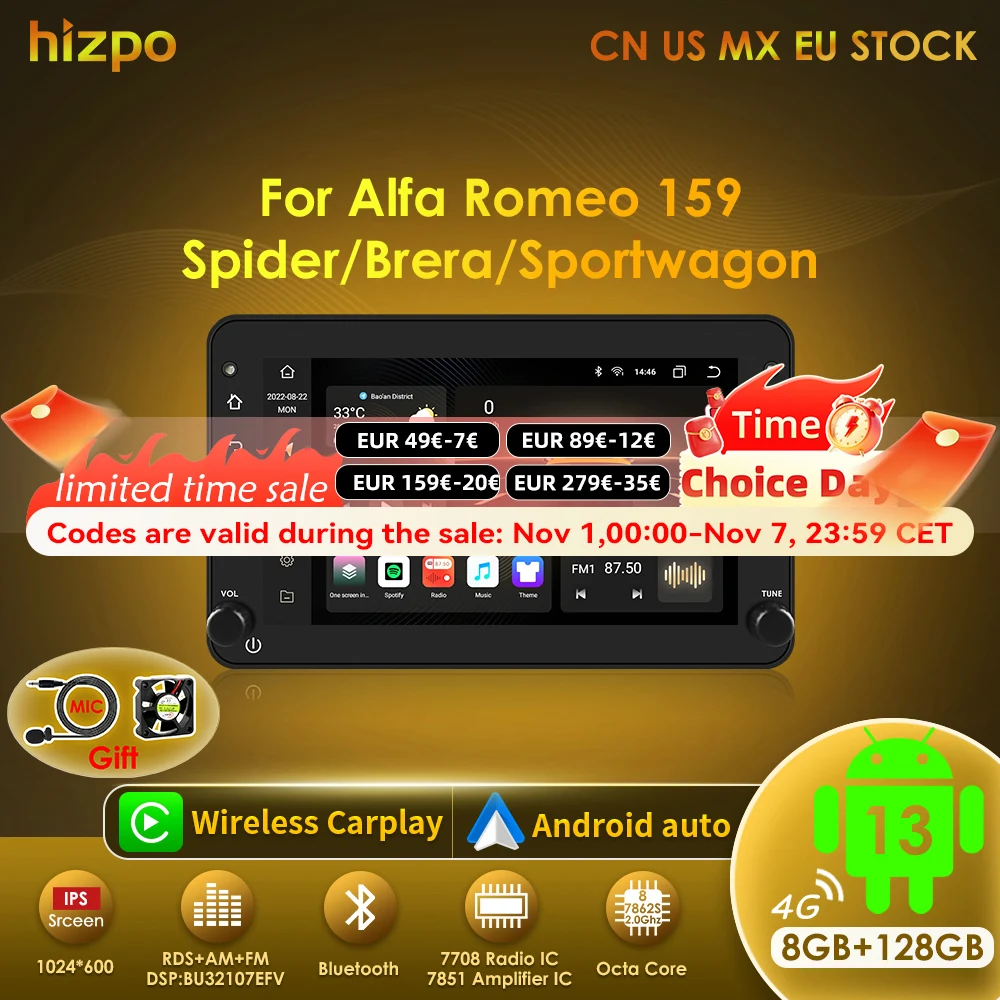 Hizpo Radio Android Auto con CarPlay - Alfa Romeo 159 Sportwagon