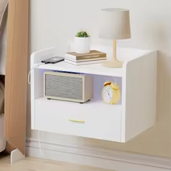 Mesita de noche de pared con cajón y estación de carga USB con luz