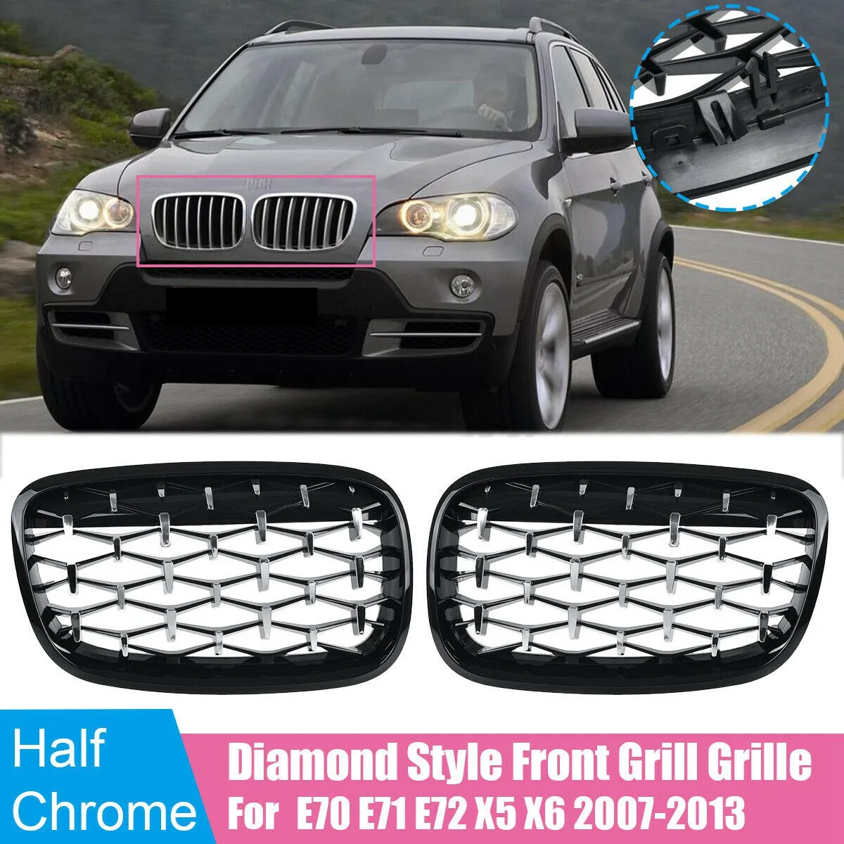 Rejilla riñón doble BMW estilo Diamante negra para X5 X6 2007-2013 - imagen 2